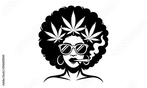 Vector Illustration of a Woman with Cannabis Leaves in Hair and Smoking