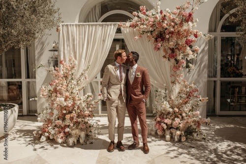 Two men kiss under a white draped floral wedding arch backdrop.