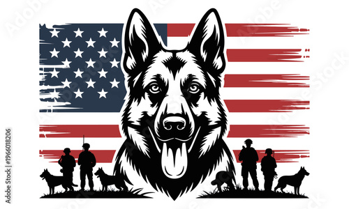 Vector Illustration of a Patriotic German Shepherd with U.S. Flag and Soldiers