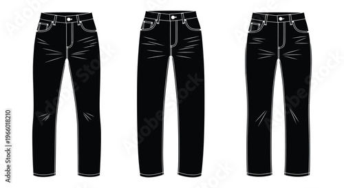 Three pairs of dark denim jeans are displayed in a stark graphic representation a distinct silhouette high quality professional detailed modern