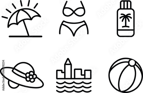 Collection of beach and vacation icons including umbrella sunscreen bikini hat city and ball