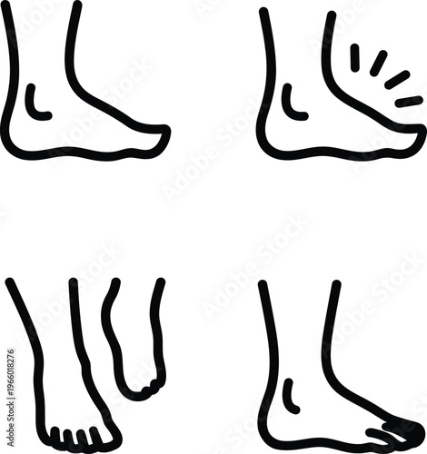 Collection of simplified outline icon illustrations depicting human feet in various poses and conditions isolated on transparent background