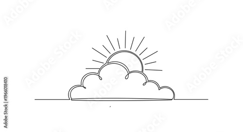 Minimalist sun rising behind cloud on transparent background  