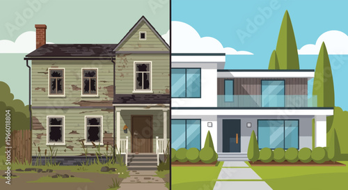 A contrasting view of two houses one dilapidated and one modern presented in a flat graphic silhouette high quality professional detailed