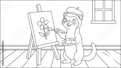 Cute cartoon ferret artist painting flower on canvas indoors, black and white line art illustration for kids coloring book page with easel, palette and room background