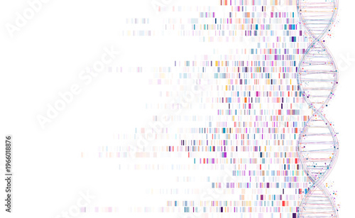 Colorful DNA double helix combined with pixel-style genetic data strands on white background, representing science, biotech, and genomic research.