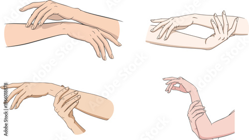 Elegant female hands set, graceful hand gestures and arm movements vector, delicate skin care and beauty concept illustrations