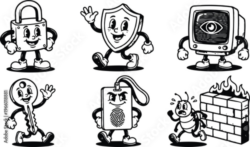 Retro black and white mascots padlock shield monitor key badge and fleeing bug by firewall