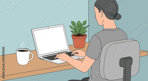 A person sits at a desk using a laptop with a plant and coffee nearby in a flat graphic silhouette