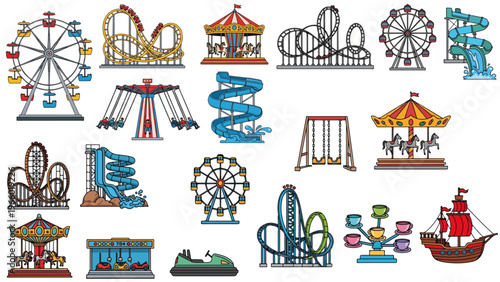 Colorful amusement park illustration featuring children enjoying fun rollercoasters water rides cars and joyful leisure activities in vibrant theme park scene.