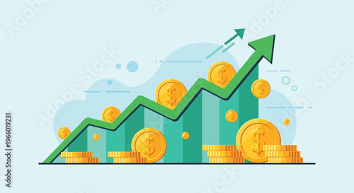 A vibrant illustration depicting financial growth with coins and a rising graph showcasing economic success silhouette high quality professional detailed