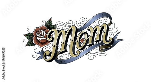 Tattoo Style Illustration of Mom with Rose and Ribbon