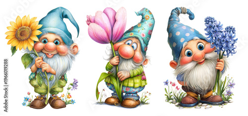 Cute garden gnomes with flowers, illustration set isolated, ai generated image
