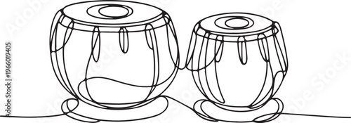 Indian tabla percussion instrument one line drawing cultural music illustration with traditional rhythm concept