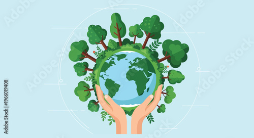 Hands cradling a globe surrounded by lush trees symbolizing environmental protection and sustainability a striking silhouette high quality professional detailed modern