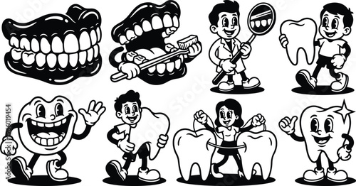 Retro cartoon dental mascots showing dentures toothbrush smile in black and white