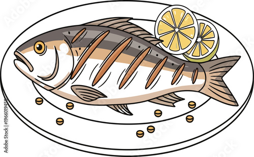 A freshly prepared grilled fish with lemon slices on a decorative plate Vector