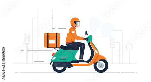 A delivery driver on a teal scooter transports an orange box through a city street a striking silhouette high quality professional