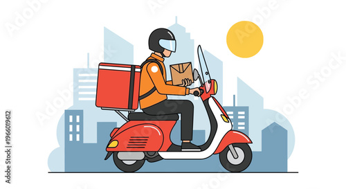 A delivery driver on a red scooter travels through a city with a bright sun overhead silhouette high quality professional