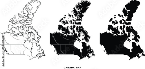 A set of black and white canada maps with different styles and outlines