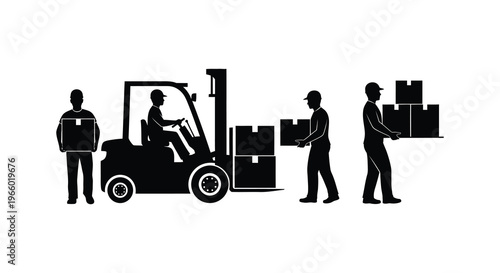 A black silhouette depicting warehouse workers with a forklift and boxes showcasing logistical operations silhouette high quality professional detailed modern elegant
