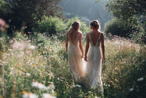 Two women in lace wedding dresses walk through a sunlit meadow of wildflowers.