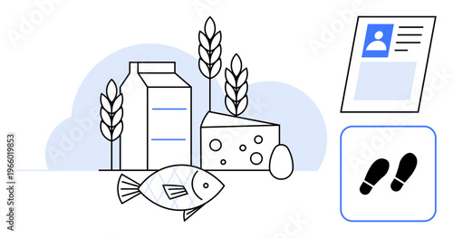 Sustainability concept. Sustainability portrayed through food sources including dairy, fish, grains paired with carbon footprints and identification symbol. Sustainability for environment, food