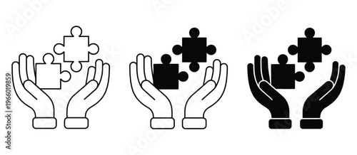 Two hands joining puzzle pieces vector set, business solution and partnership illustration, symbolic representation 