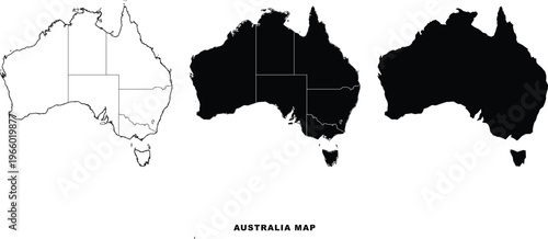 A set of three black and white australia maps with state lines