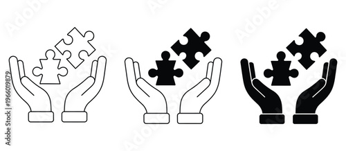 Two hands joining puzzle pieces vector set, business solution and partnership illustration, concept of teamwork collaboration, problem solving, and strategic connection