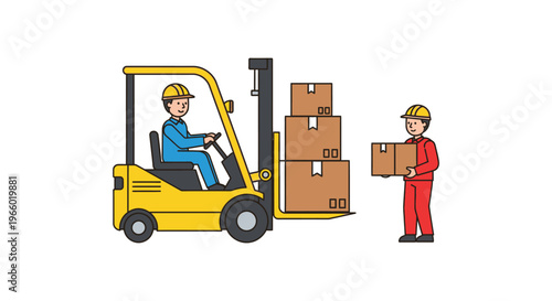 A yellow forklift transports cardboard boxes while a worker receives them depicted in a flat cartoonish silhouette high quality professional detailed