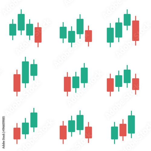 Candlestick formation icon set displaying multiple price action shapes in green and red