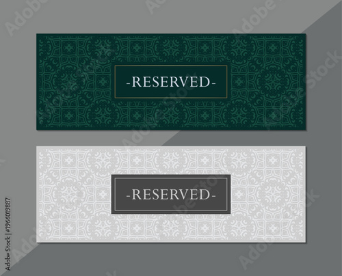 Elegant reserved table sign template with ornamental seamless pattern background