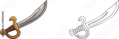 Pirate sword illustration & outline set isolated on transparent background 