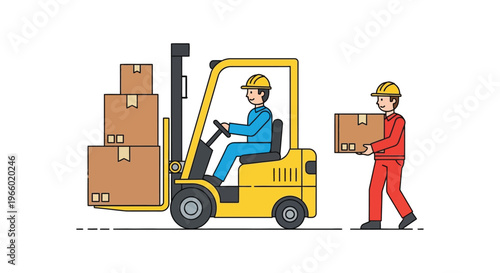 A yellow forklift transports cardboard boxes with a worker while another carries a package depicted as a silhouette high quality professional