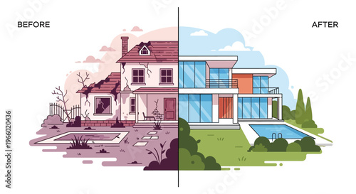 A side by side comparison showcasing a dilapidated house transformed into a modern home presented as a silhouette high quality professional detailed elegant