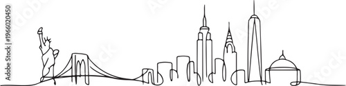 Minimalist One Line New York City Skyline Iconic Urban Architecture Panorama Vector Illustration