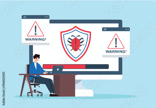 Flat illustration of technician installing anti-malware software on computer with virus scan in progress.