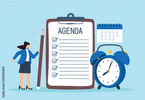 Flat illustration of smart businesswoman hold pencil write meeting agenda checklist with calendar and clock priority of important task