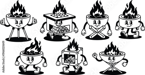 Retro cartoon smiling charcoal grills with arms and legs walking poses black and white