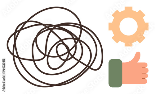 Problem-solving, productivity, decision-making, efficiency, success, workflow. A tangled scribble, a gear symbol and a thumbs-up hand. Problem-solving and productivity concept