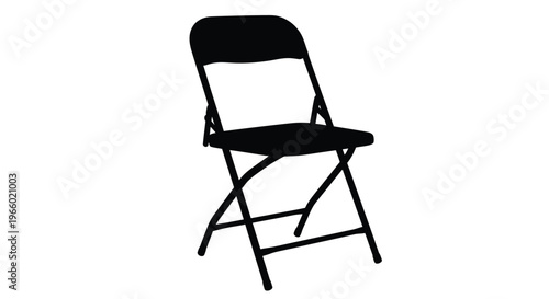A simple black folding chair is shown in a stark silhouette