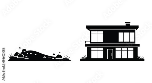 A minimalist black silhouette depicts a house with a small hill and shrubbery showcasing a simple design silhouette high quality professional