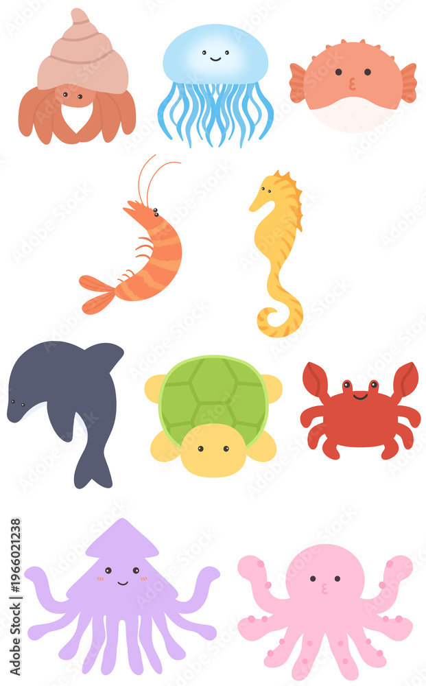 Obraz premium Collection of cute cartoon sea creature characters with happy faces isolated on transparent background