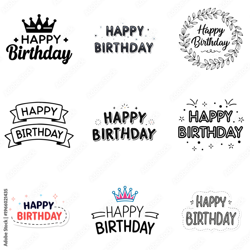Obraz premium Happy Birthday Typography Set Hand Drawn Lettering Celebration Design Collection