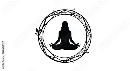 Woman meditating in lotus position within a floral wreath silhouette