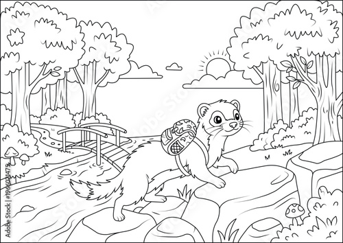 Cute cartoon ferret exploring forest with backpack, bridge, river and trees, black and white line art illustration for kids coloring book page outdoor adventure scene