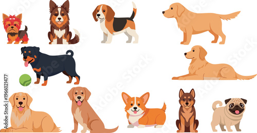 Cartoon Dog Breeds Set with Golden Retriever, Rottweiler, Beagle, Corgi, and More