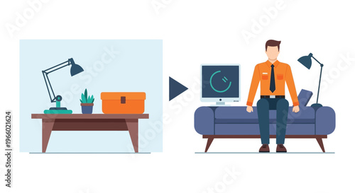 A modern illustration depicts a man transitioning between a workspace and a home office environment silhouette high quality professional detailed elegant