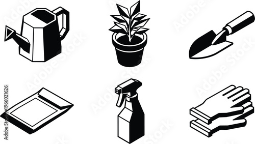 Isometric black and white gardening icons set with watering can potted plant trowel and gloves
